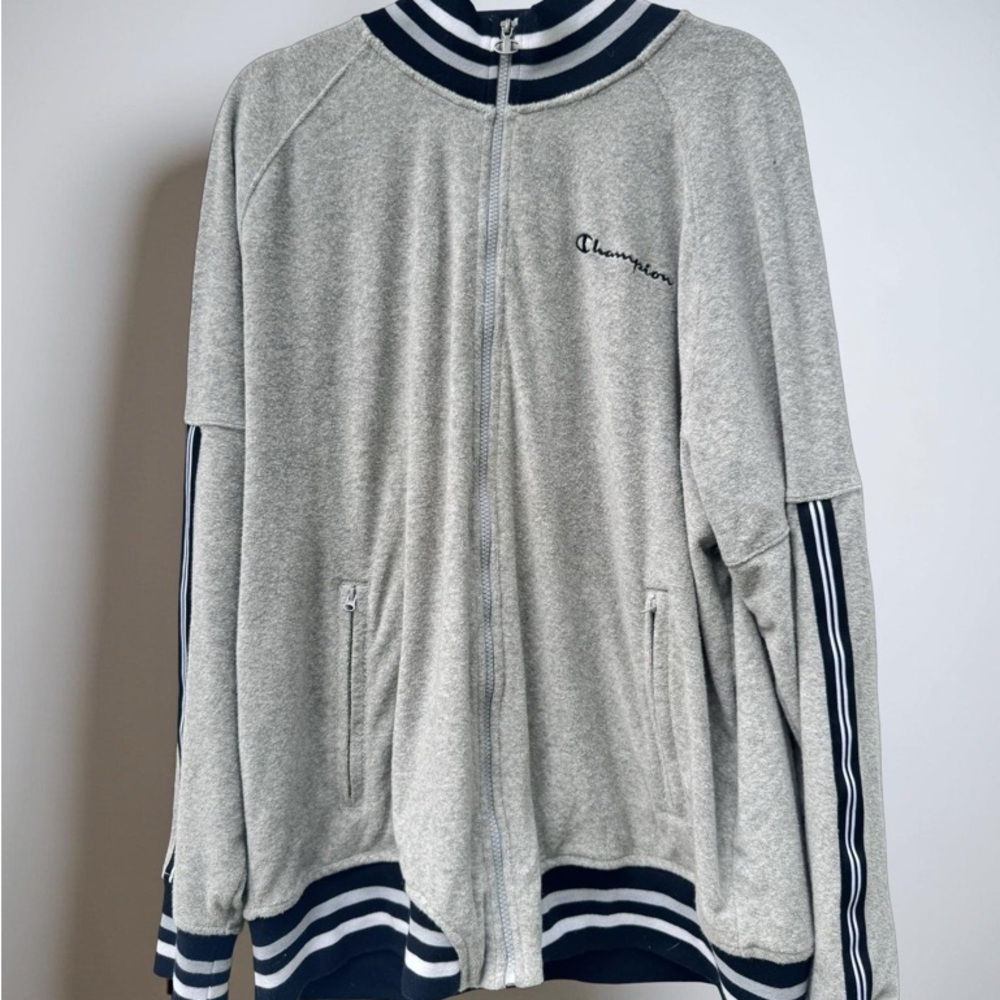 Champion Authentic Jacket Men's XL Long Sleeve Full Zip Logo Heathered Navy Gray